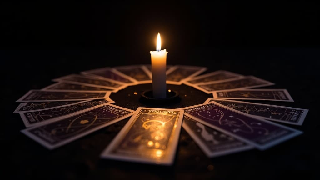 A wide arc of face-down tarot trumps fanned across a dark table, one card standing upright and glowing gold at the center, a single candle throwing warm violet light