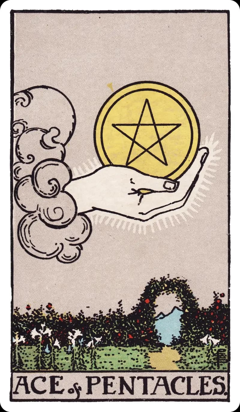 Ace of Pentacles tarot card — hand emerging from a cloud holding a golden pentacle above a lily garden, with an archway opening onto a mountain path, Rider-Waite-Smith deck