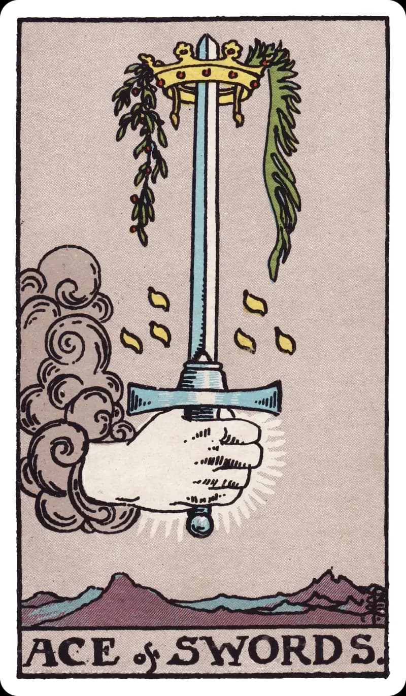 Ace of Swords tarot card — hand from a cloud gripping an upright sword crowned with a laurel-and-palm wreath above grey mountains, Rider-Waite-Smith deck