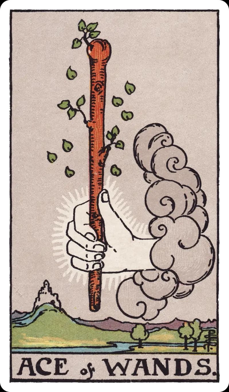 Ace of Wands tarot card — hand emerging from a cloud grasping a budding staff above a mountain landscape, Rider-Waite-Smith deck