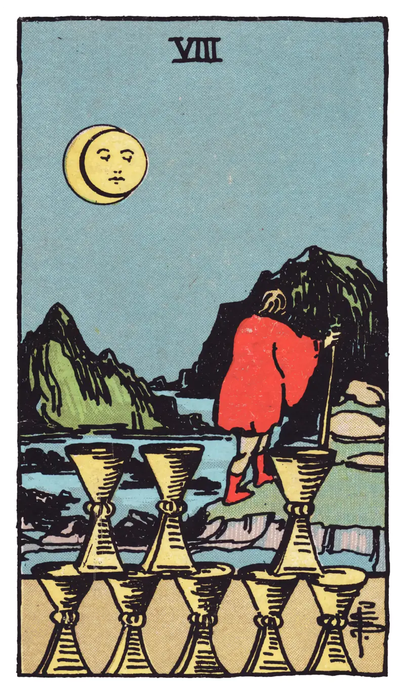 Eight of Cups tarot card — cloaked figure walking away from eight neatly arranged cups toward distant mountains under a partially eclipsed moon, Rider-Waite-Smith deck