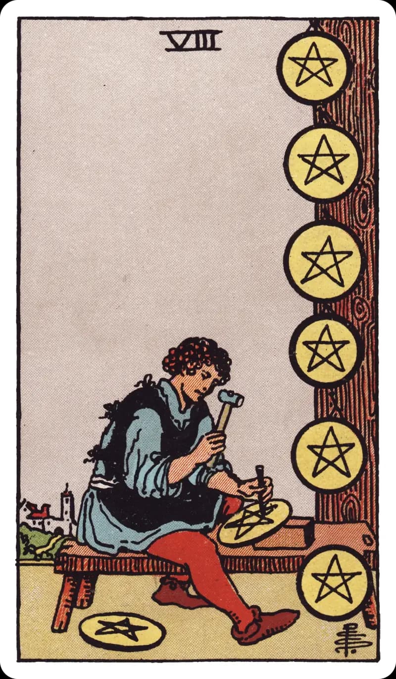 Eight of Pentacles tarot card — craftsman at a workbench hammering a pentacle into shape, eight finished pentacles displayed on a post and a distant town on the horizon, Rider-Waite-Smith deck