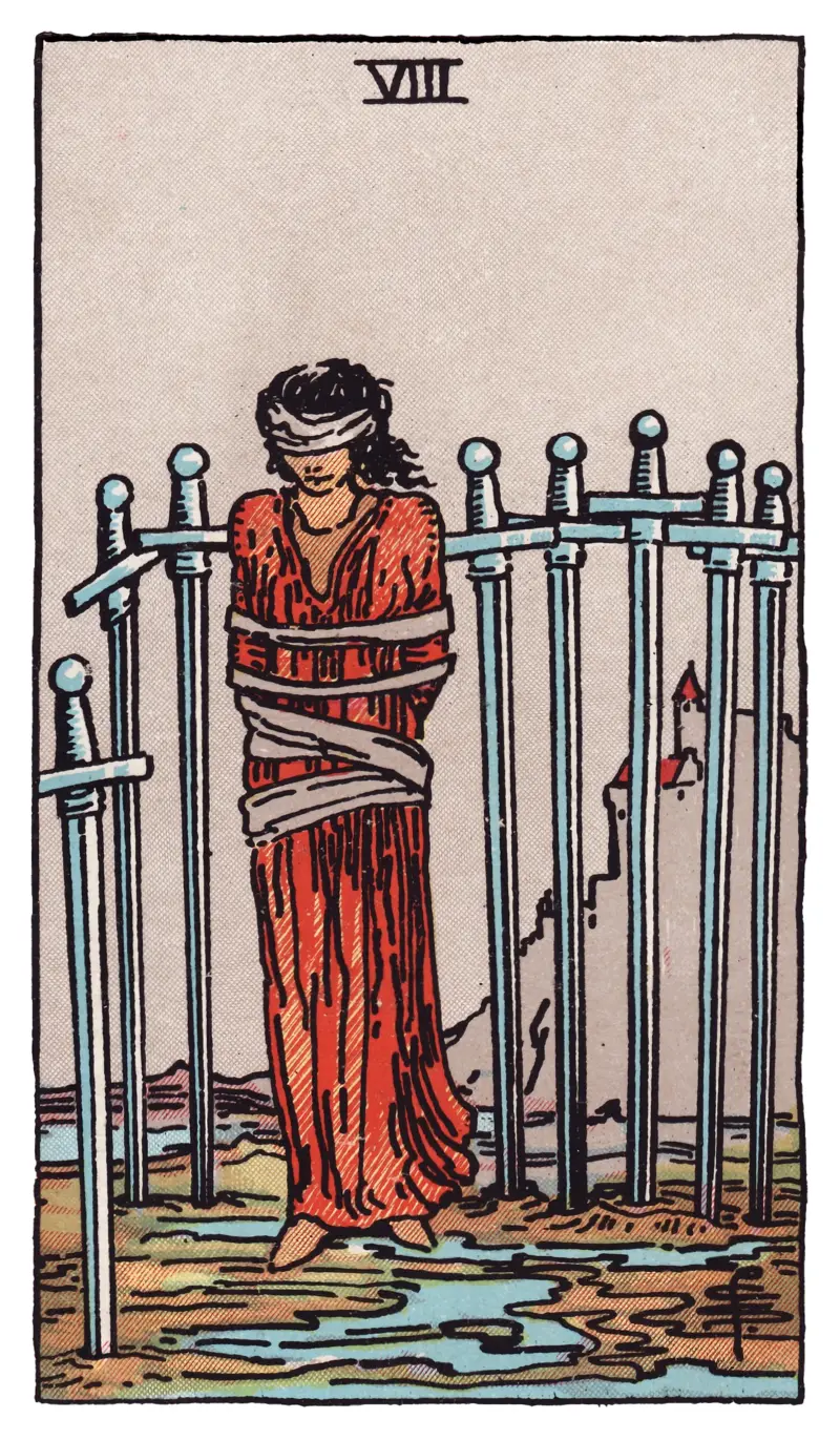 Eight of Swords tarot card — bound and blindfolded figure among eight swords planted in marshy ground, castle on a bluff behind, Rider-Waite-Smith deck