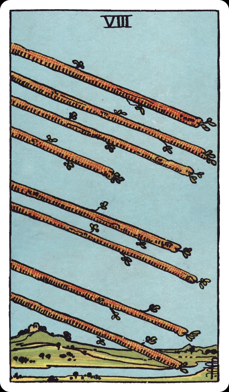 Eight of Wands tarot card — eight wands flying in parallel across open sky toward a green landscape with a winding river, Rider-Waite-Smith deck