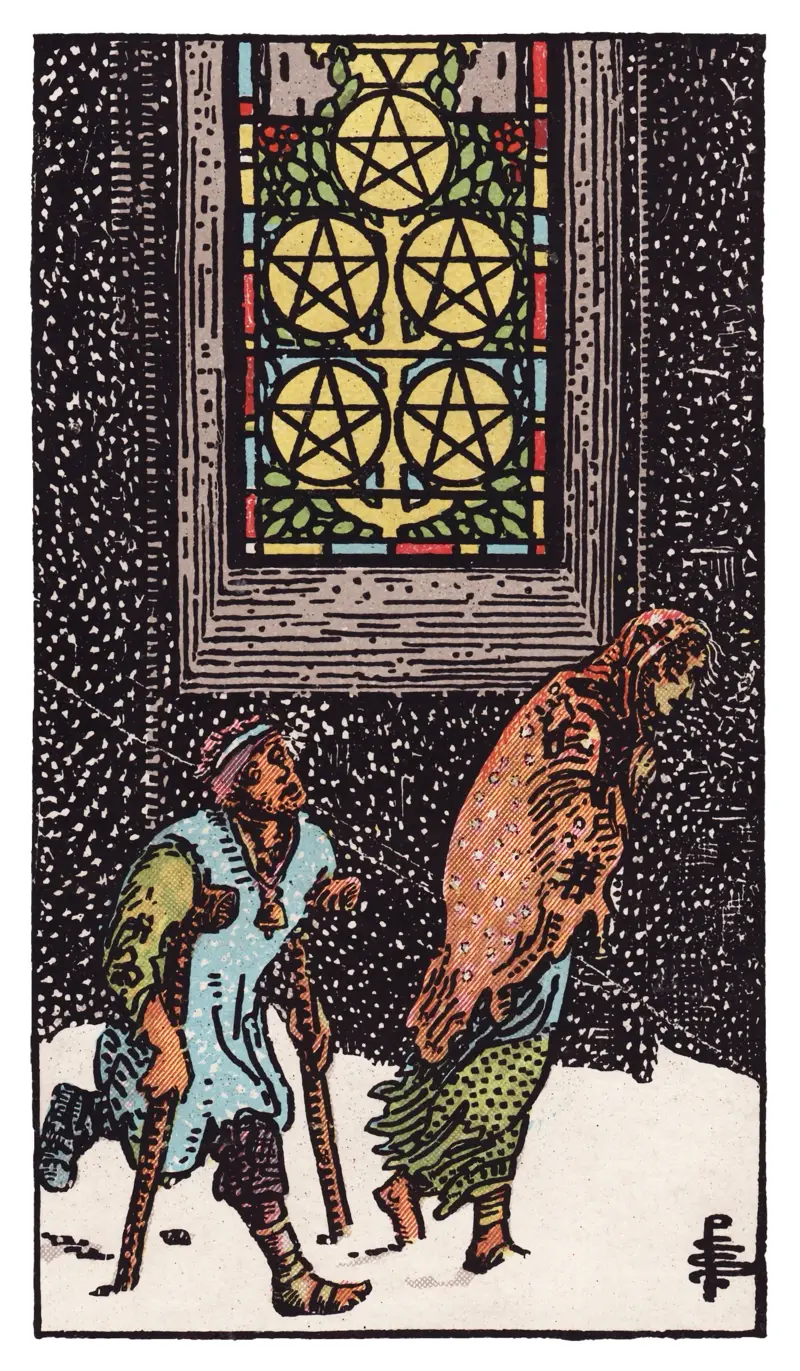 Five of Pentacles tarot card — two ragged figures, one on crutches, passing through snow beneath a lit stained-glass window bearing five pentacles, Rider-Waite-Smith deck