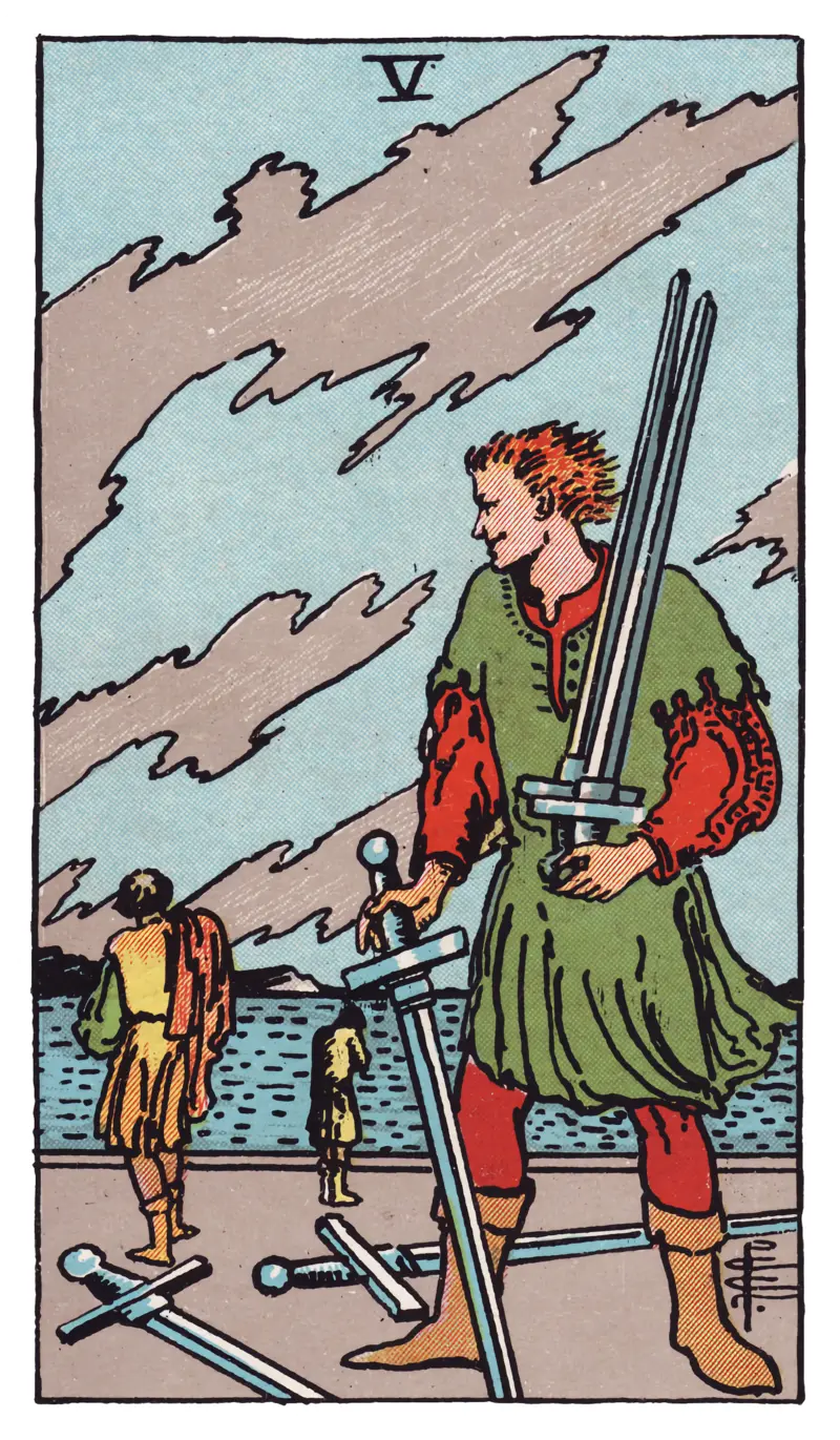 Five of Swords tarot card — sneering figure gathering three swords as two dejected companions walk away toward the sea, Rider-Waite-Smith deck