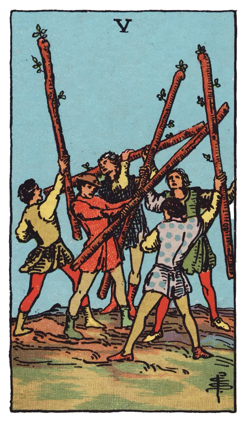 Five of Wands tarot card — five youths clashing with long wands crossed in a chaotic skirmish on open ground, Rider-Waite-Smith deck