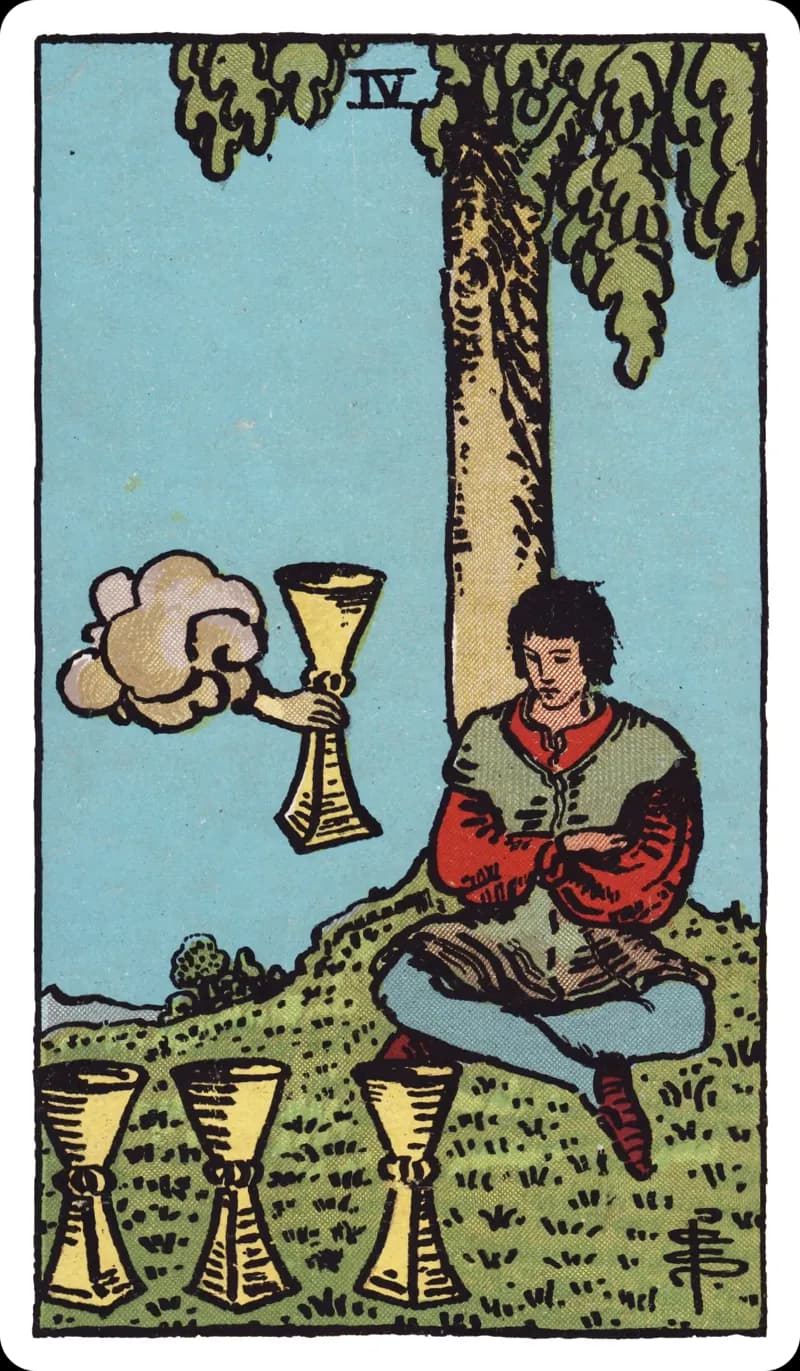 Four of Cups tarot card — young man seated beneath a tree before three cups, not noticing a fourth offered from a cloud, Rider-Waite-Smith deck