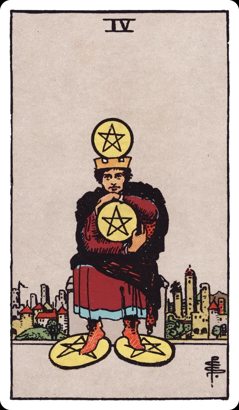 Four of Pentacles tarot card — crowned figure clutching one pentacle to the chest, balancing another on the head and pinning one under each foot, a city behind, Rider-Waite-Smith deck