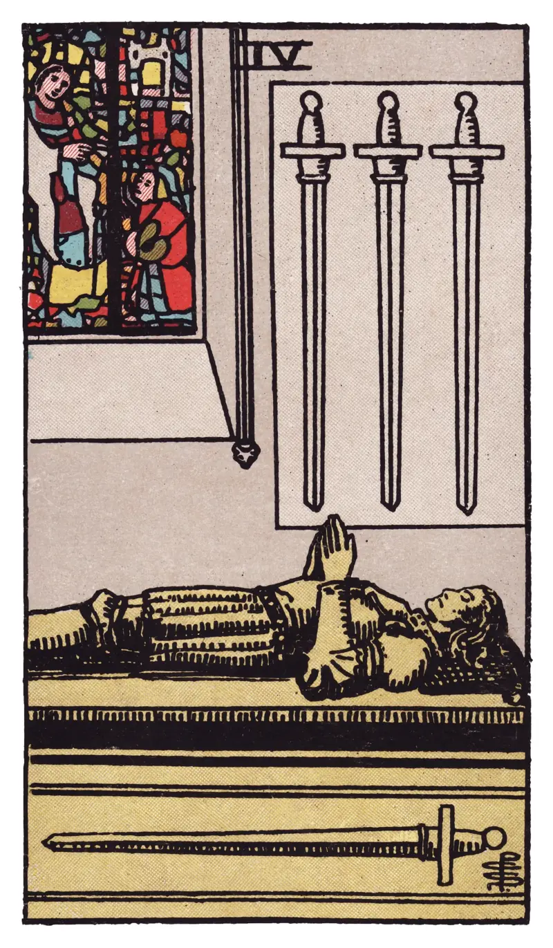 Four of Swords tarot card — stone effigy of a knight at rest on a tomb beneath three hanging swords and a stained-glass window, Rider-Waite-Smith deck