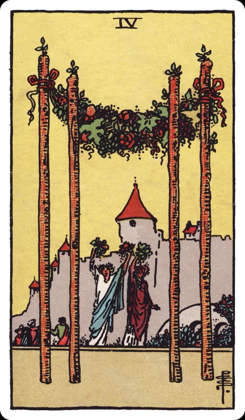 Four of Wands tarot card — two celebrants raising bouquets beneath a flower garland strung between four wands, castle behind, Rider-Waite-Smith deck