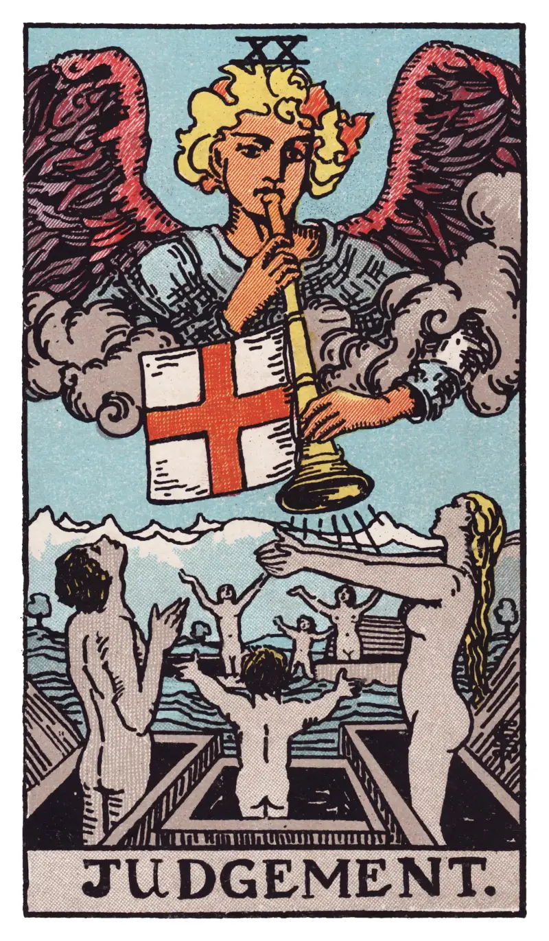 Judgement tarot card — angel sounding a trumpet above figures rising from open coffins, Rider-Waite-Smith deck