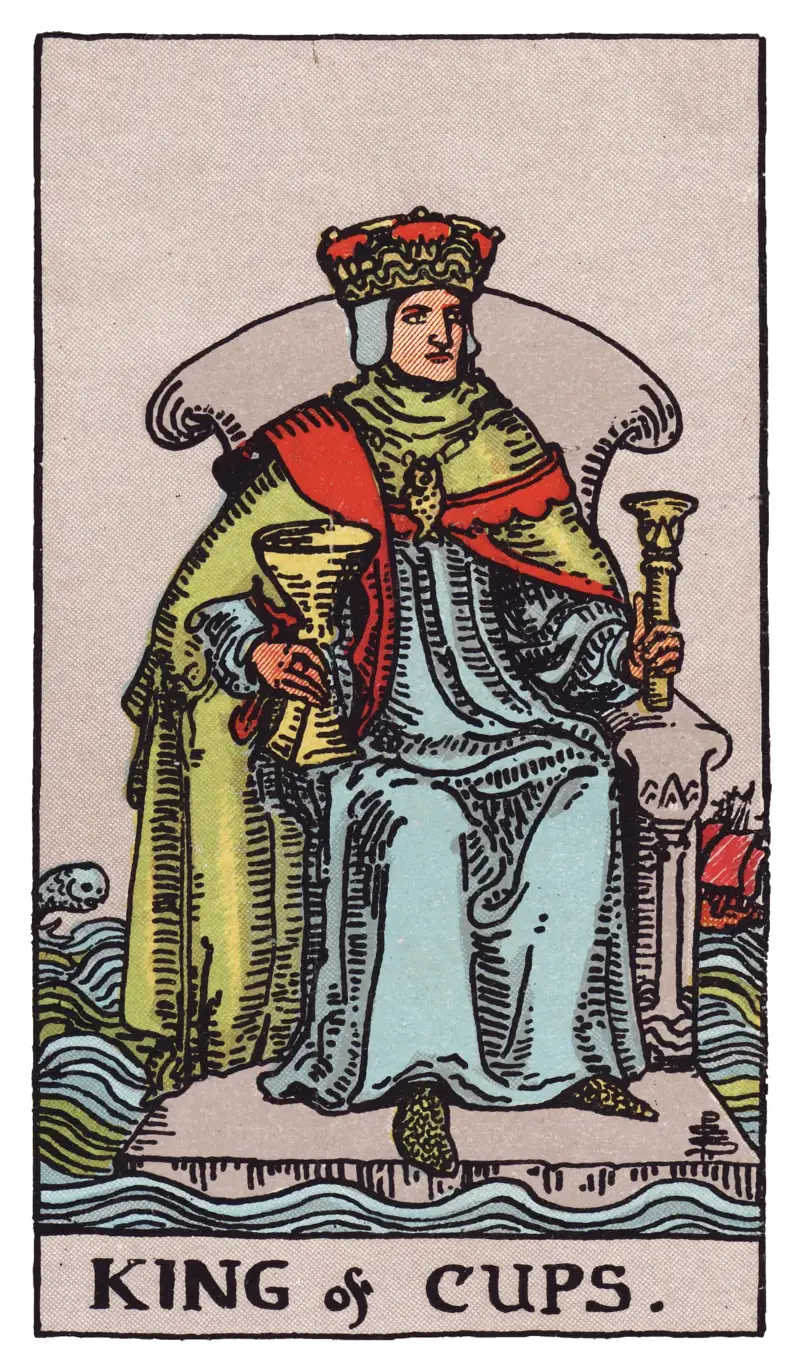 King of Cups tarot card — composed king holding cup and scepter on a stone throne amid a turbulent sea, Rider-Waite-Smith deck