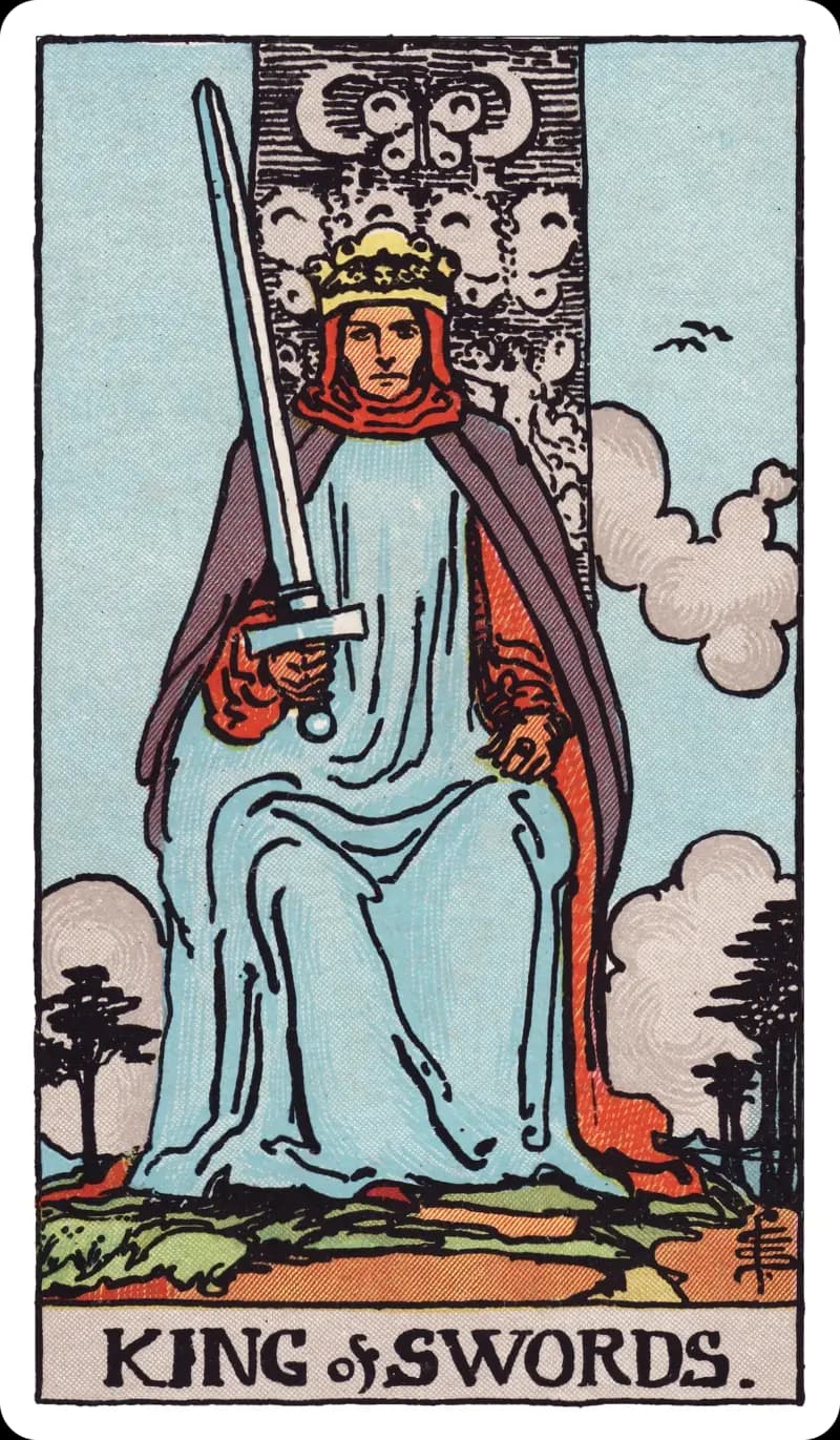 King of Swords tarot card — crowned king in full armor enthroned with sword raised upright, gazing directly ahead beneath gathering storm clouds, Rider-Waite-Smith deck