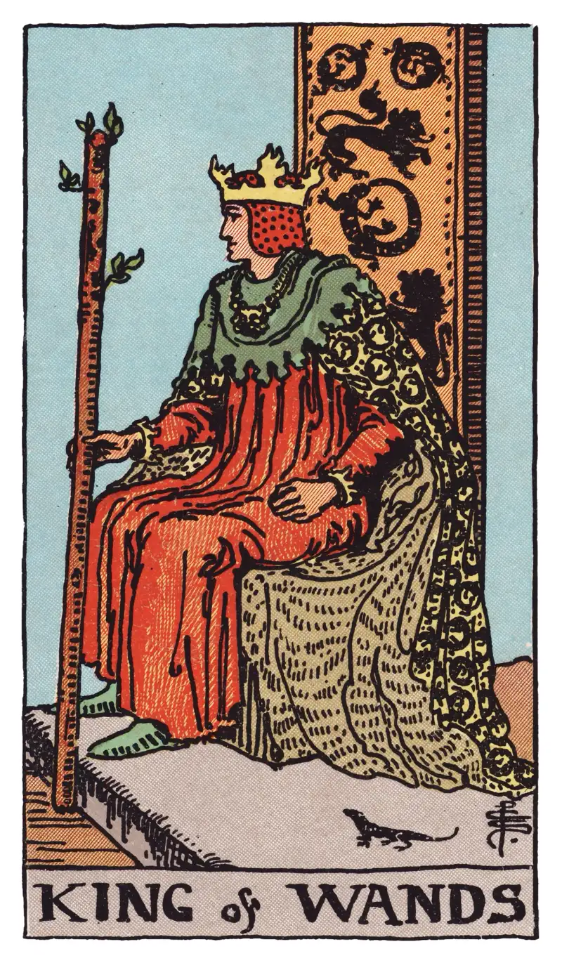 King of Wands tarot card — crowned king on a throne carved with lions and salamanders holding a budding wand, small lizard at the base, Rider-Waite-Smith deck