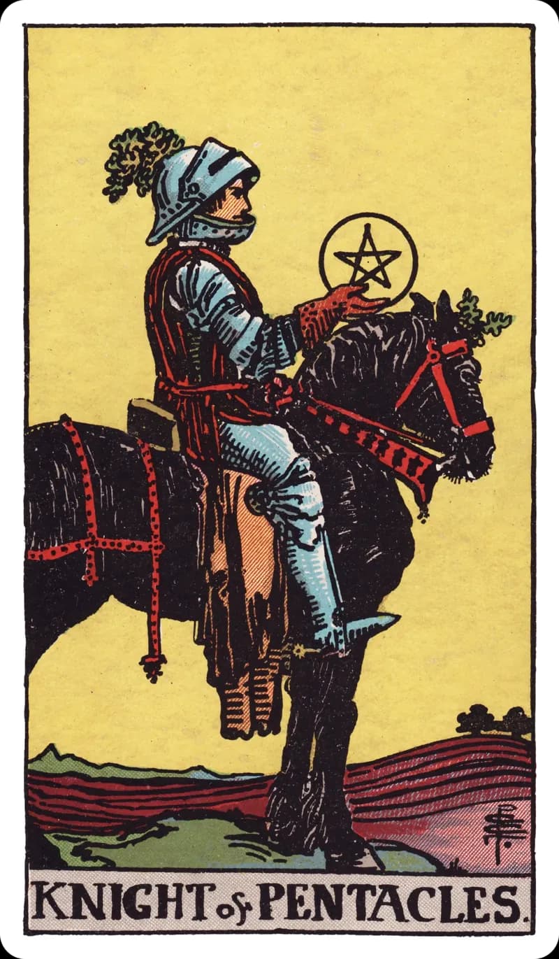 Knight of Pentacles tarot card — armored knight sitting completely still on a heavy dark horse in a plowed field, studying the pentacle in his hand, Rider-Waite-Smith deck