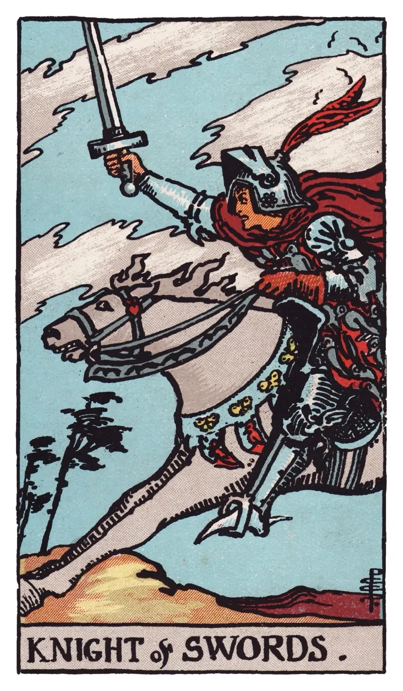 Knight of Swords tarot card — armored knight charging on a galloping white horse with sword extended, storm clouds racing overhead, Rider-Waite-Smith deck