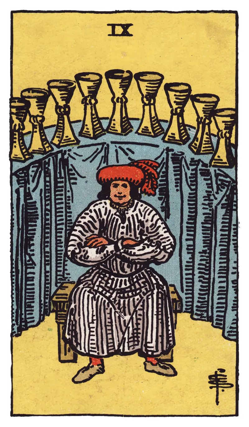Nine of Cups tarot card — satisfied man seated with arms folded before nine cups arranged in an arc on a draped shelf, Rider-Waite-Smith deck