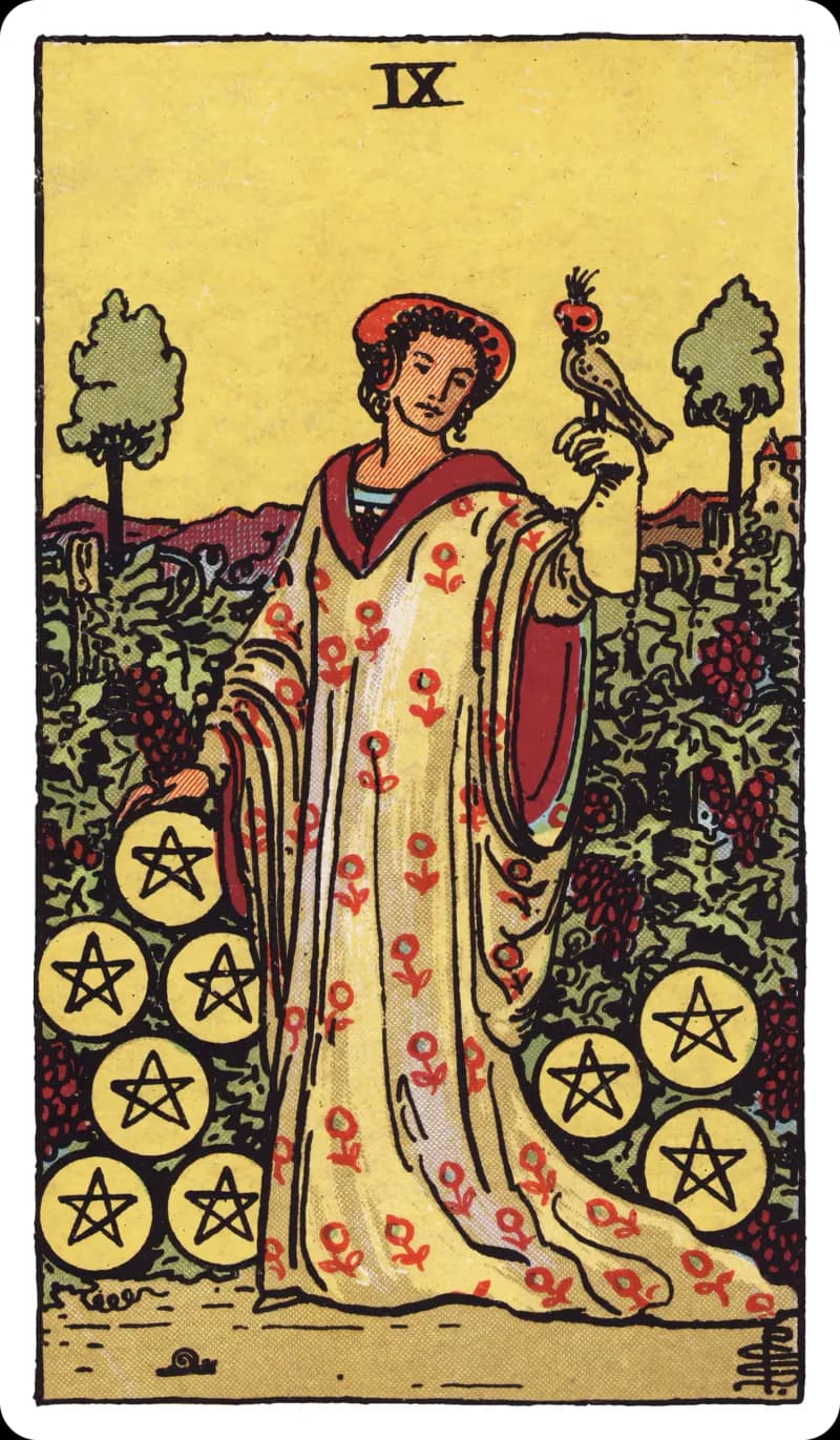 Nine of Pentacles tarot card — richly dressed woman alone in a thriving vineyard with a hooded falcon on her gloved hand, pentacles hanging from the vines and a snail at her feet, Rider-Waite-Smith deck