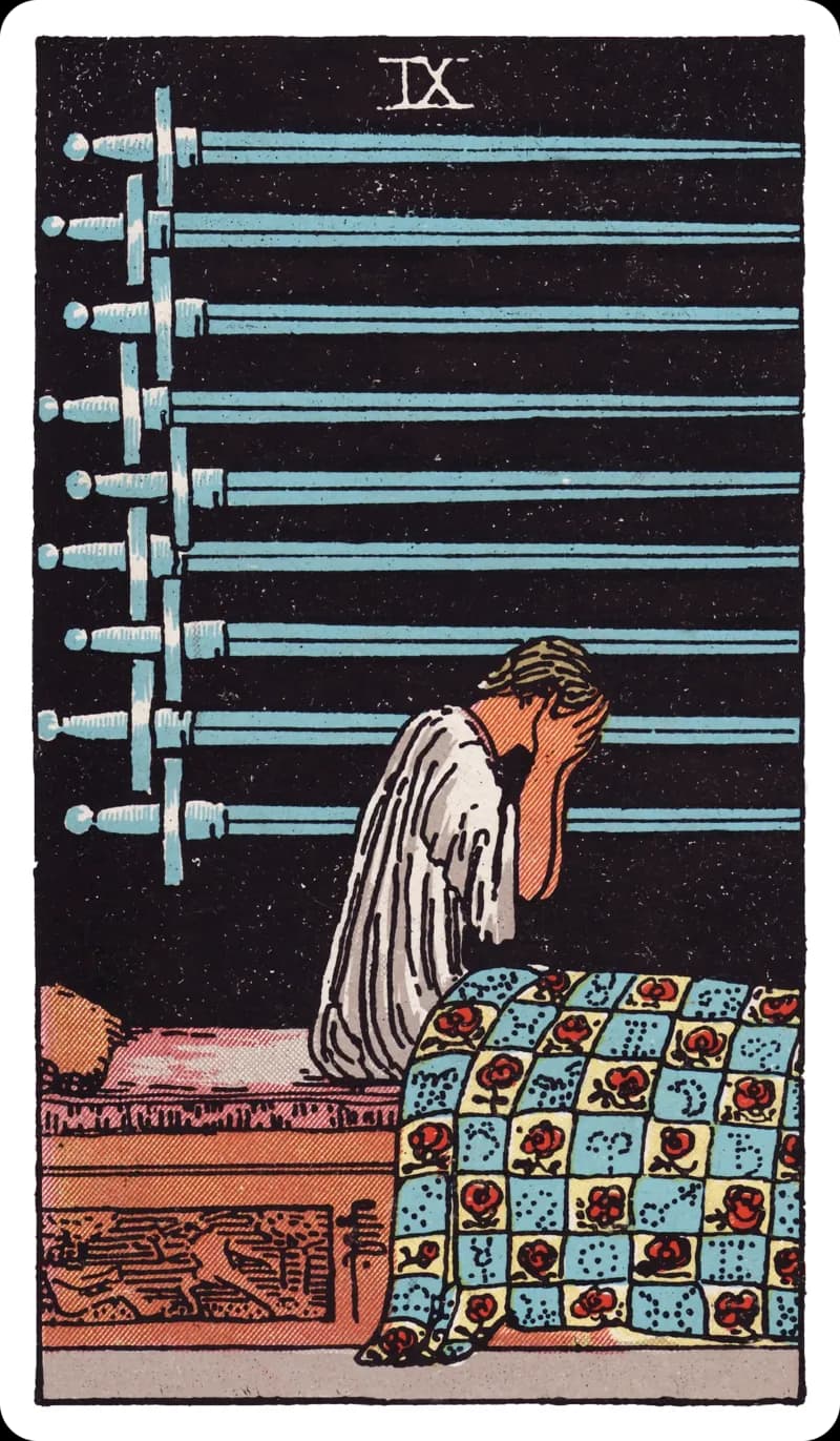 Nine of Swords tarot card — figure sitting up in bed at night with head in hands beneath nine swords mounted on the dark wall, Rider-Waite-Smith deck