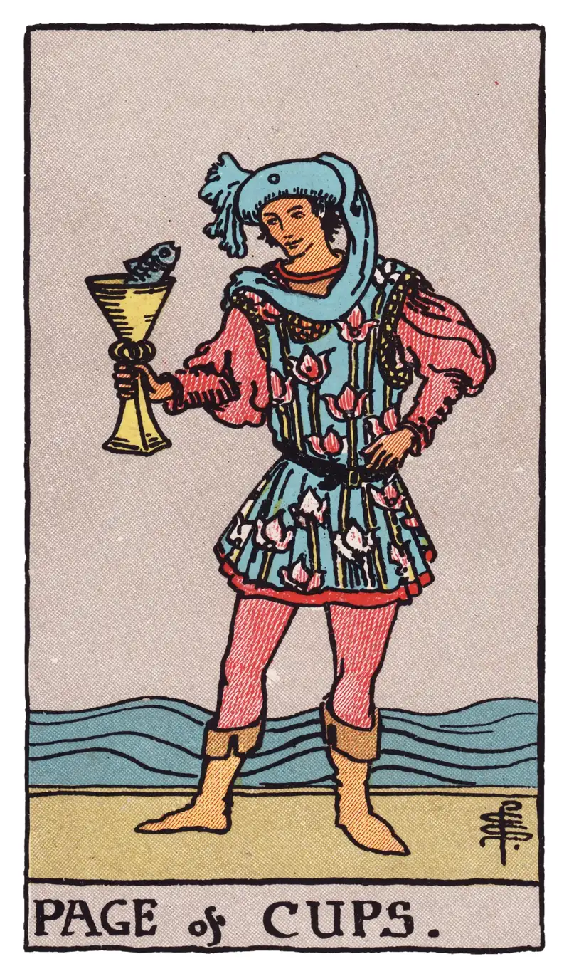 Page of Cups tarot card — youth in a floral tunic at the seashore regarding a small fish peering out of his cup, Rider-Waite-Smith deck