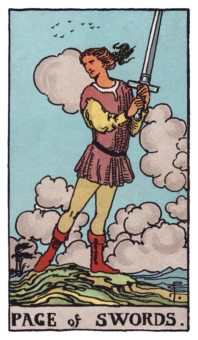 Page of Swords tarot card — alert youth on a hilltop holding a tilted sword, trees bending in the wind under a turbulent sky, Rider-Waite-Smith deck