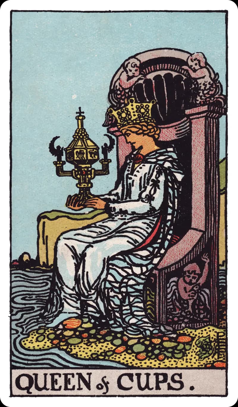 Queen of Cups tarot card — queen on a throne carved with sea creatures at the water's edge, gazing at an ornate closed cup, Rider-Waite-Smith deck
