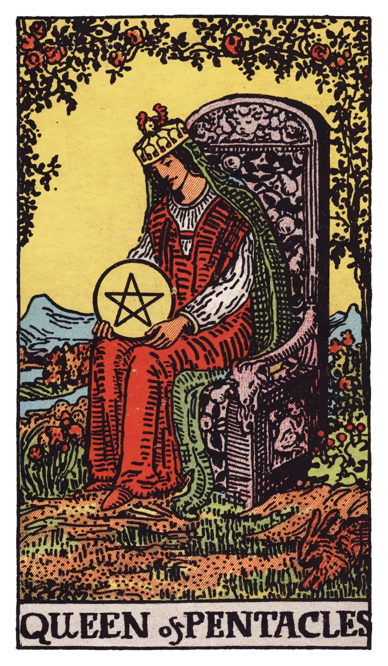 Queen of Pentacles tarot card — queen on a throne carved with fruit and animal motifs in a lush garden, gazing at the pentacle held gently in her lap, a rabbit at the edge, Rider-Waite-Smith deck