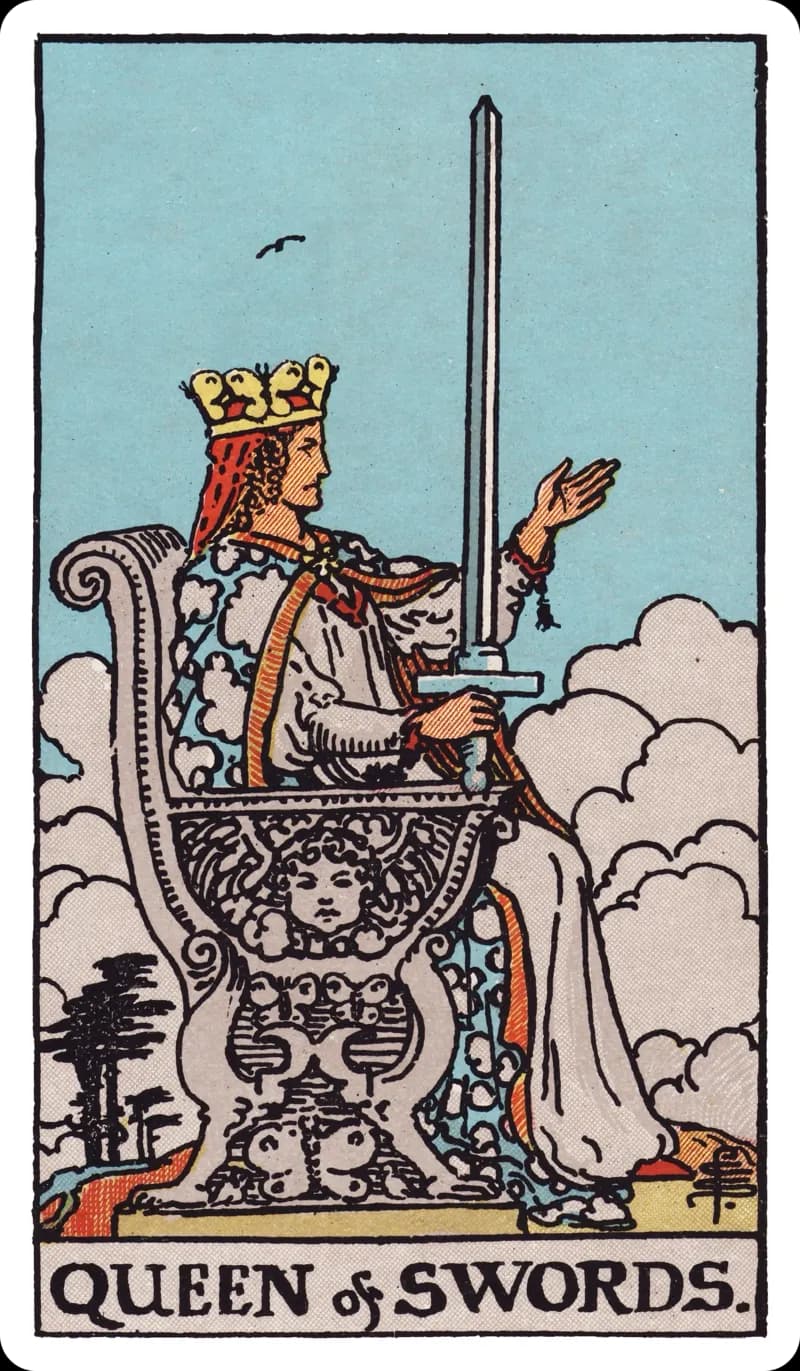 Queen of Swords tarot card — stern queen on a carved stone throne with sword upright and the other hand extended, a lone bird overhead, Rider-Waite-Smith deck