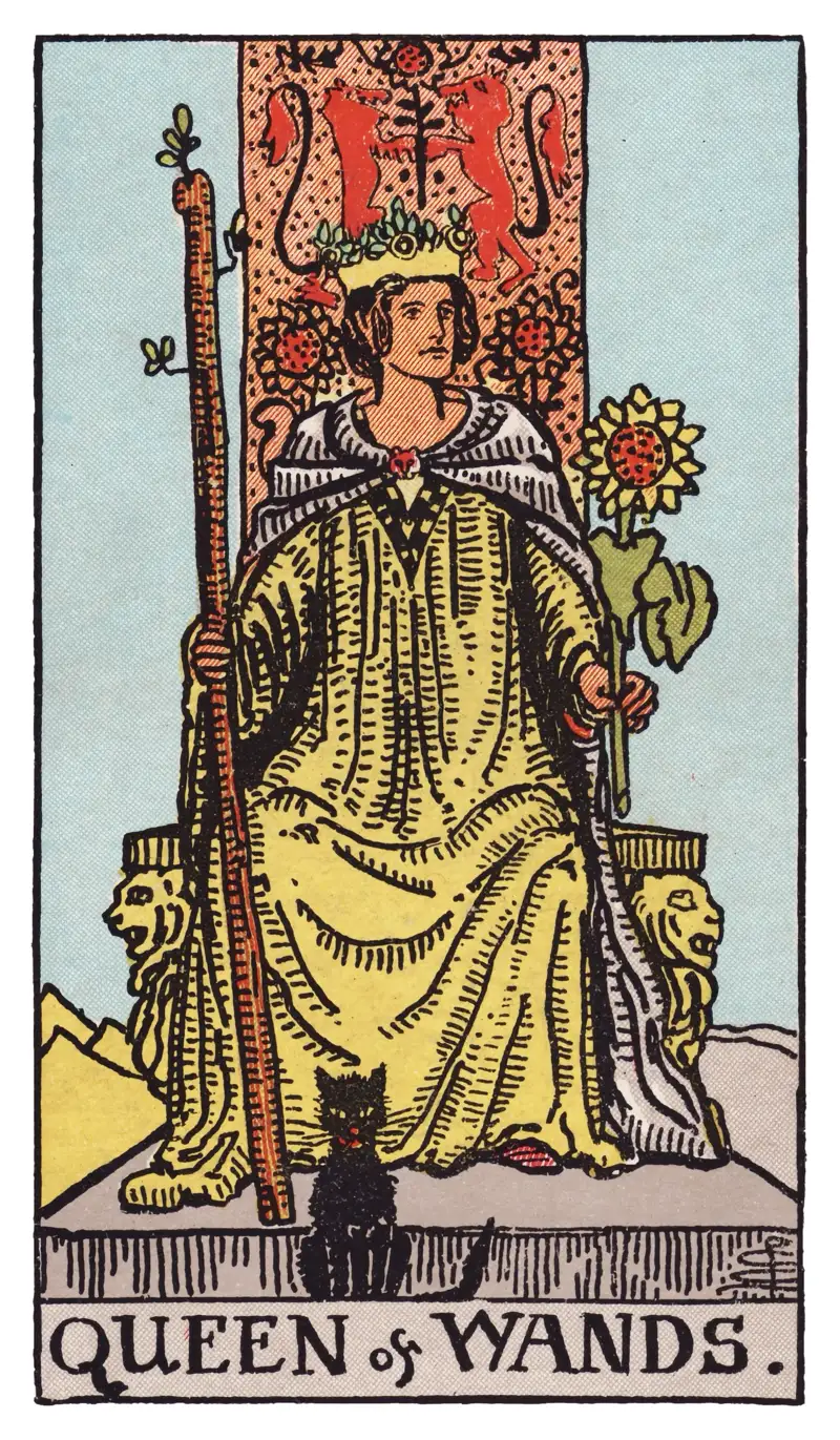 Queen of Wands tarot card — crowned queen on a throne of sunflowers and lions holding a wand and a sunflower, black cat at her feet, Rider-Waite-Smith deck