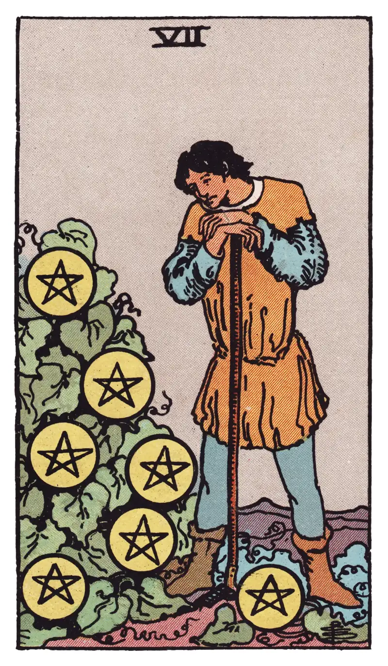 Seven of Pentacles tarot card — farmer leaning on a hoe, pausing to contemplate a vine heavy with seven pentacles, Rider-Waite-Smith deck