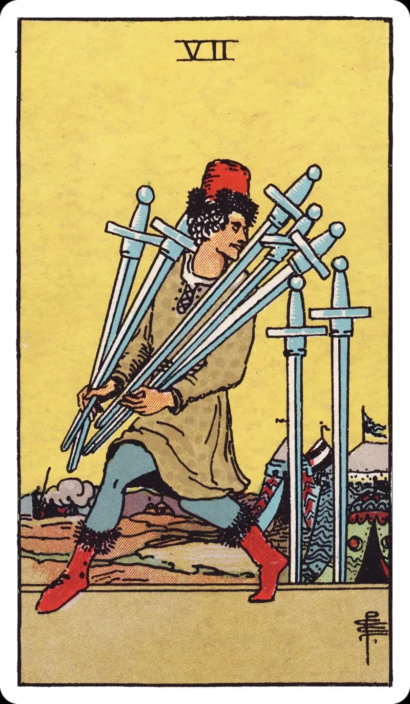 Seven of Swords tarot card — figure tiptoeing away from a camp of tents carrying five swords, glancing back over one shoulder, Rider-Waite-Smith deck