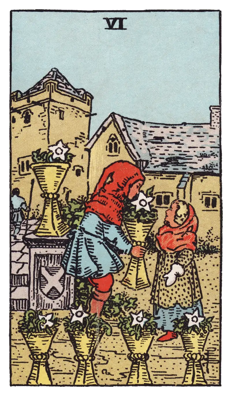 Six of Cups tarot card — boy offering a cup filled with white flowers to a younger girl in a medieval garden, Rider-Waite-Smith deck