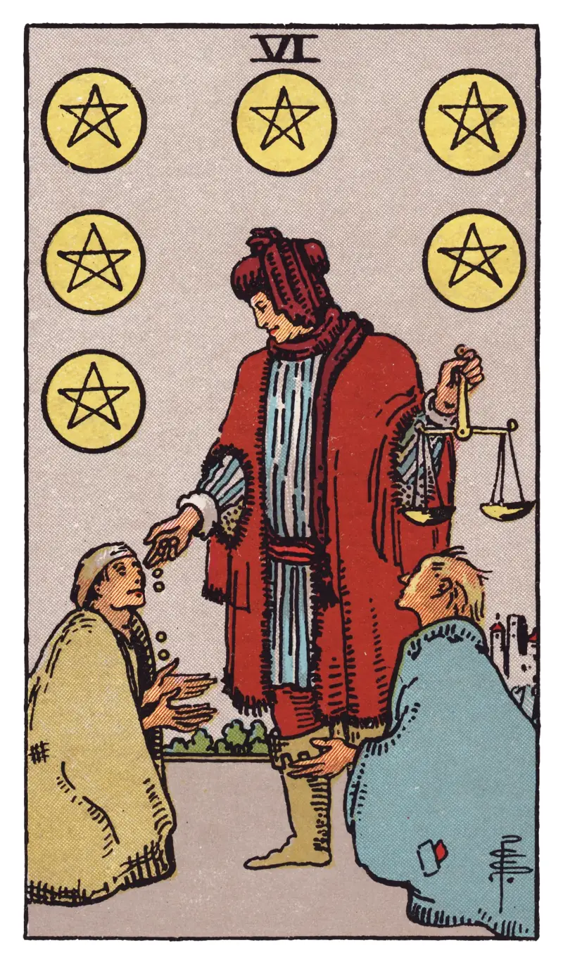 Six of Pentacles tarot card — merchant holding a balanced scale while giving coins to two kneeling figures, six pentacles arranged overhead, Rider-Waite-Smith deck