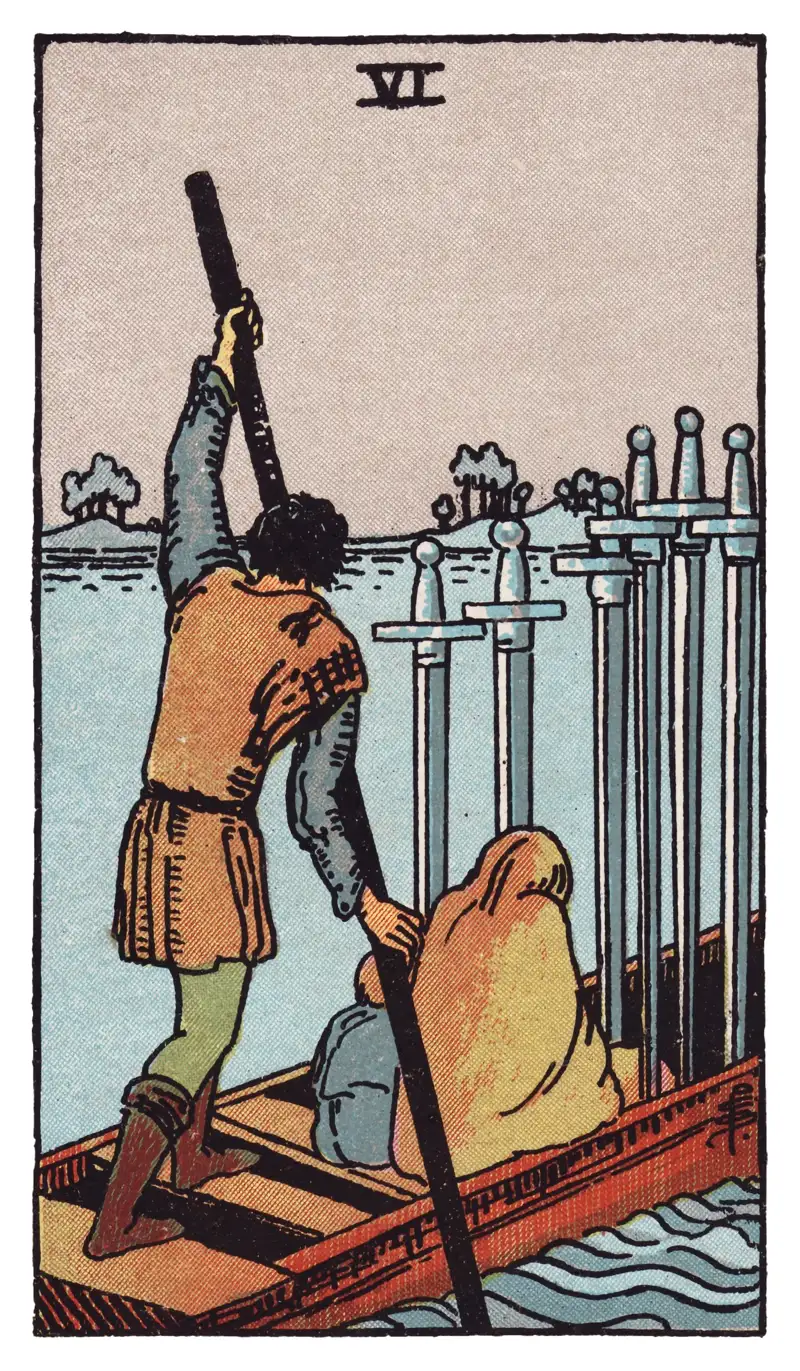 Six of Swords tarot card — ferryman poling a boat with a hooded passenger and child across still water, six swords upright in the bow, Rider-Waite-Smith deck