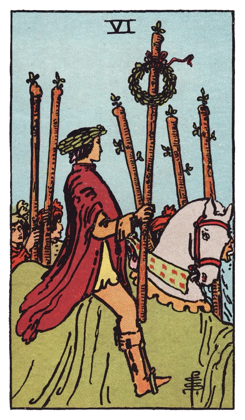 Six of Wands tarot card — laurel-crowned rider on a white horse with a wand raised, escorted by figures on foot, Rider-Waite-Smith deck