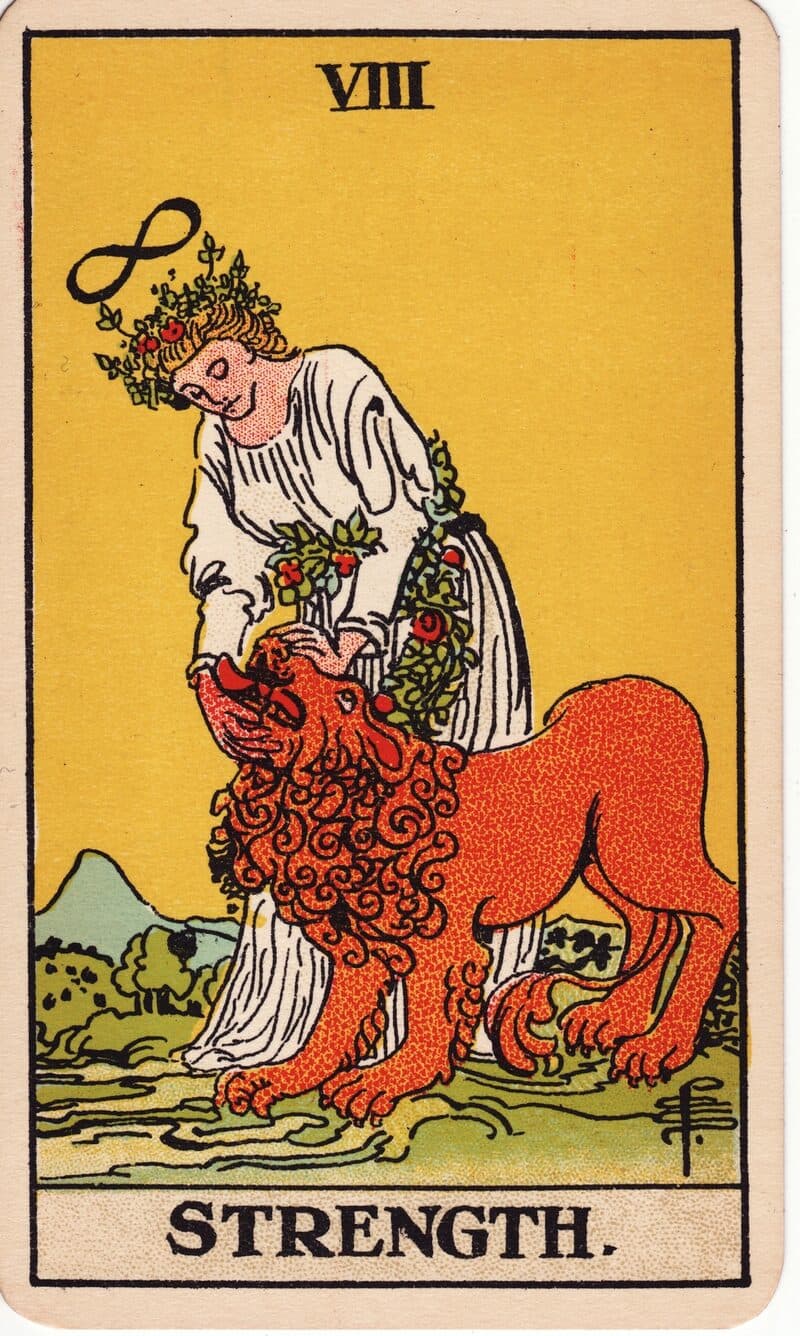 Strength tarot card — serene woman gently closing a lion's jaws with infinity symbol above her head, Rider-Waite-Smith deck