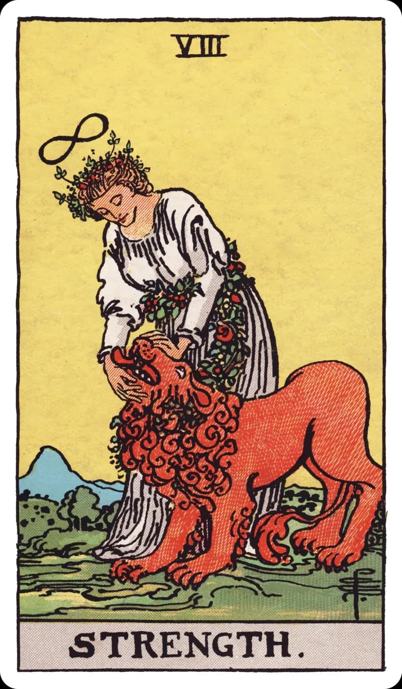 Strength tarot card — serene woman gently closing a lion's jaws with infinity symbol above her head, Rider-Waite-Smith deck