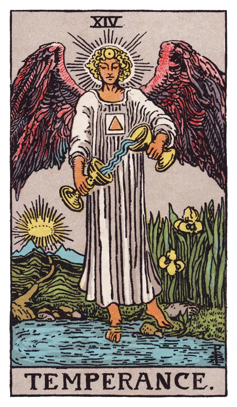 Temperance tarot card — winged angel pouring water between two cups with one foot on land and one in water, Rider-Waite-Smith deck