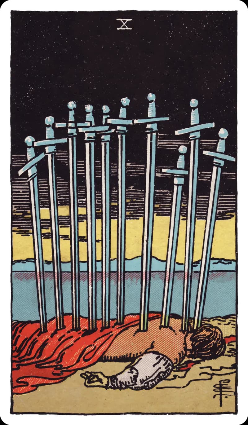 Ten of Swords tarot card — figure lying face-down with ten swords in the back as a thin band of dawn lights the horizon, Rider-Waite-Smith deck