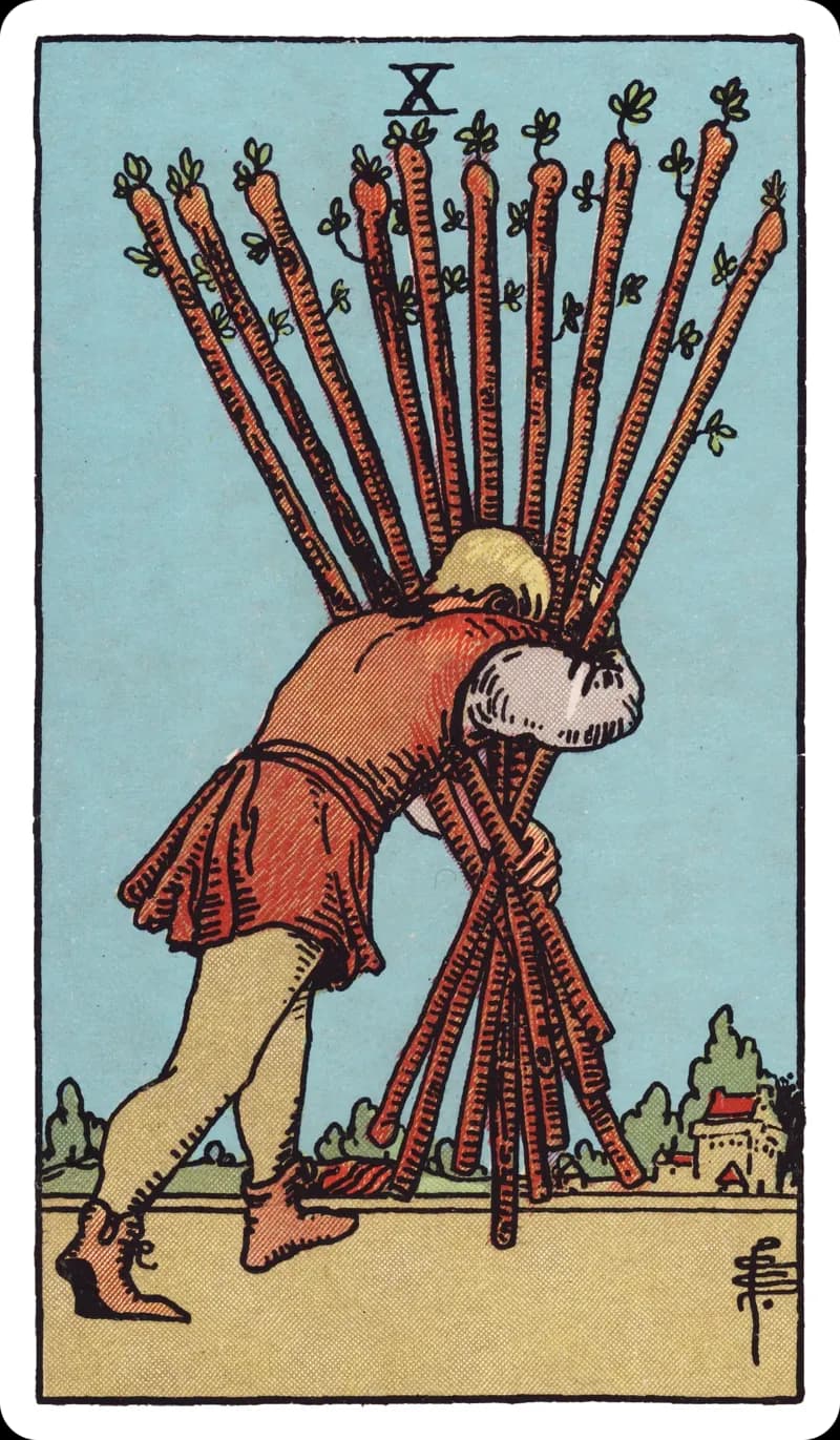 Ten of Wands tarot card — bent figure trudging forward carrying ten bundled wands toward a nearby town, Rider-Waite-Smith deck