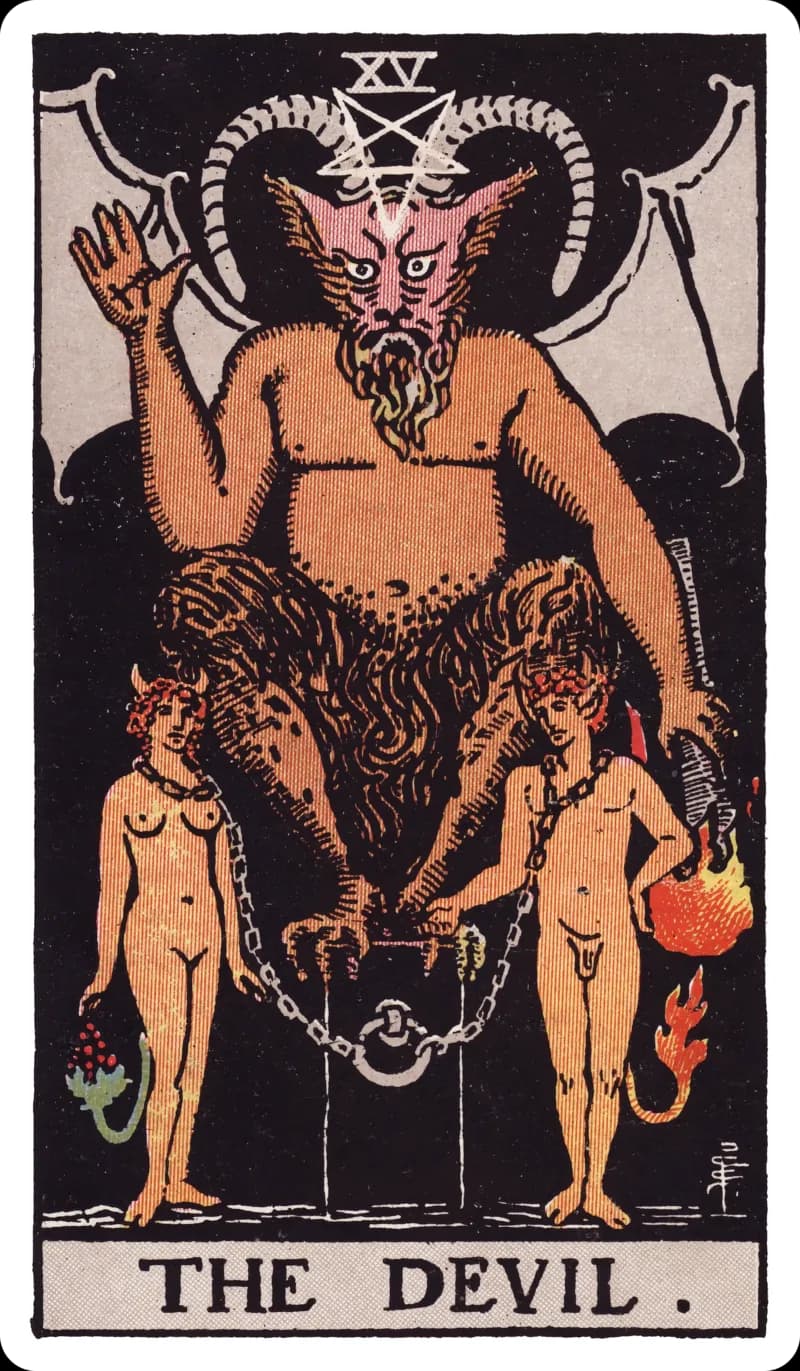 The Devil tarot card — horned figure on a black cube with two loosely chained nude figures below, Rider-Waite-Smith deck
