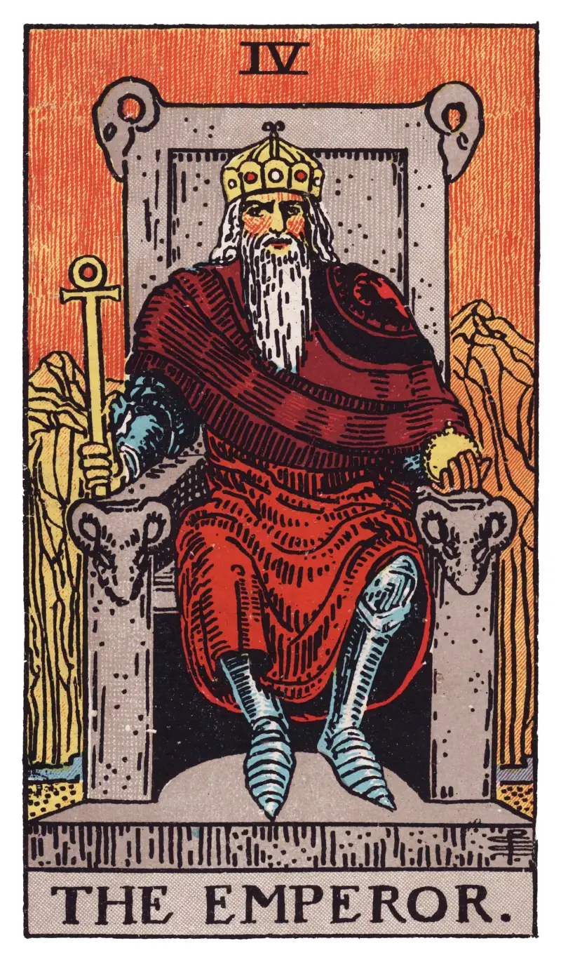 The Emperor tarot card — armored ruler on stone throne with ram-head carvings and ankh scepter, Rider-Waite-Smith deck