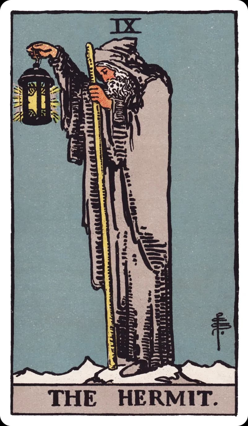 The Hermit tarot card — robed figure on snowy peak holding a lantern with a six-pointed star, Rider-Waite-Smith deck