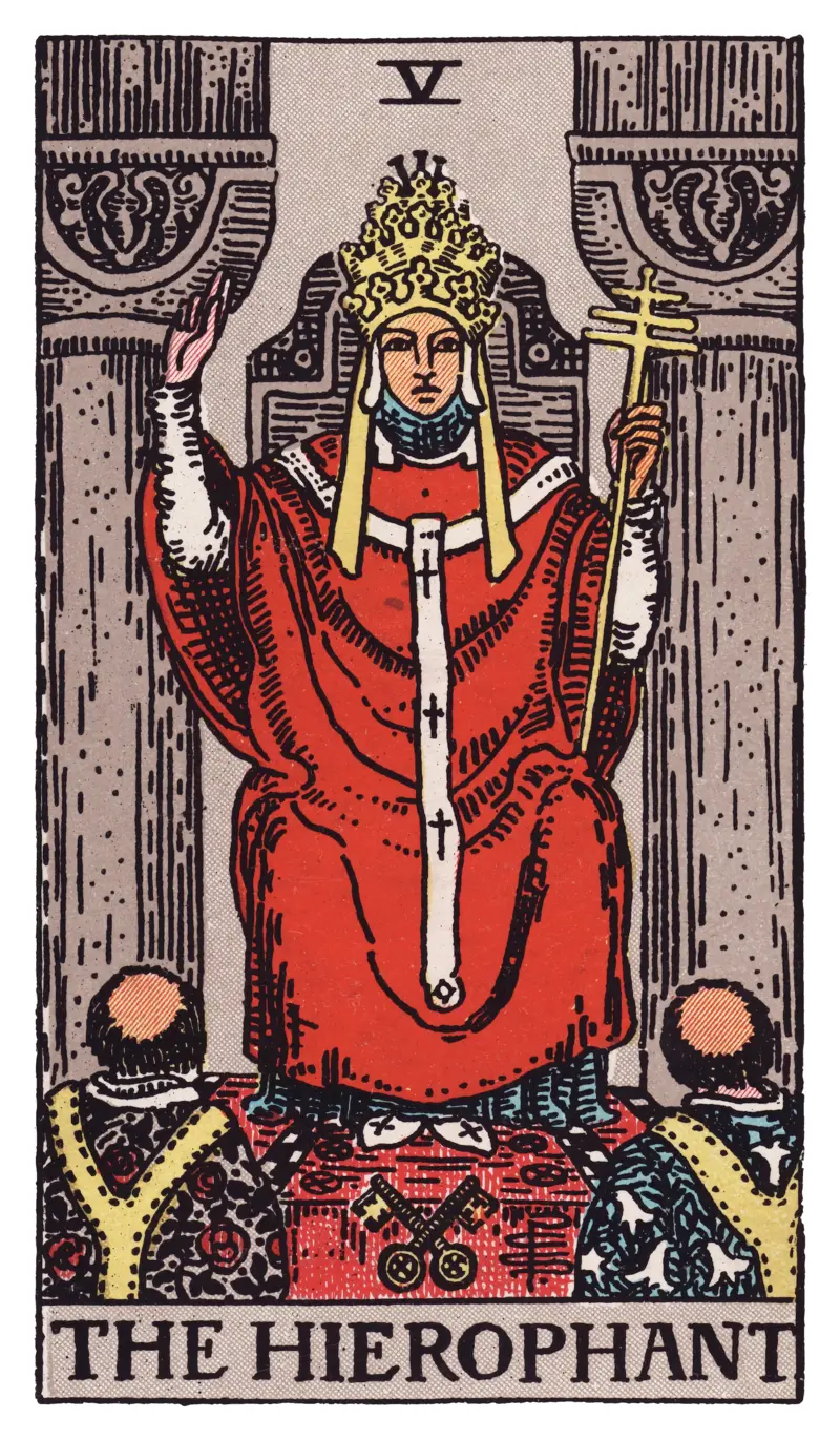 The Hierophant tarot card — robed figure between two pillars blessing two kneeling supplicants, Rider-Waite-Smith deck