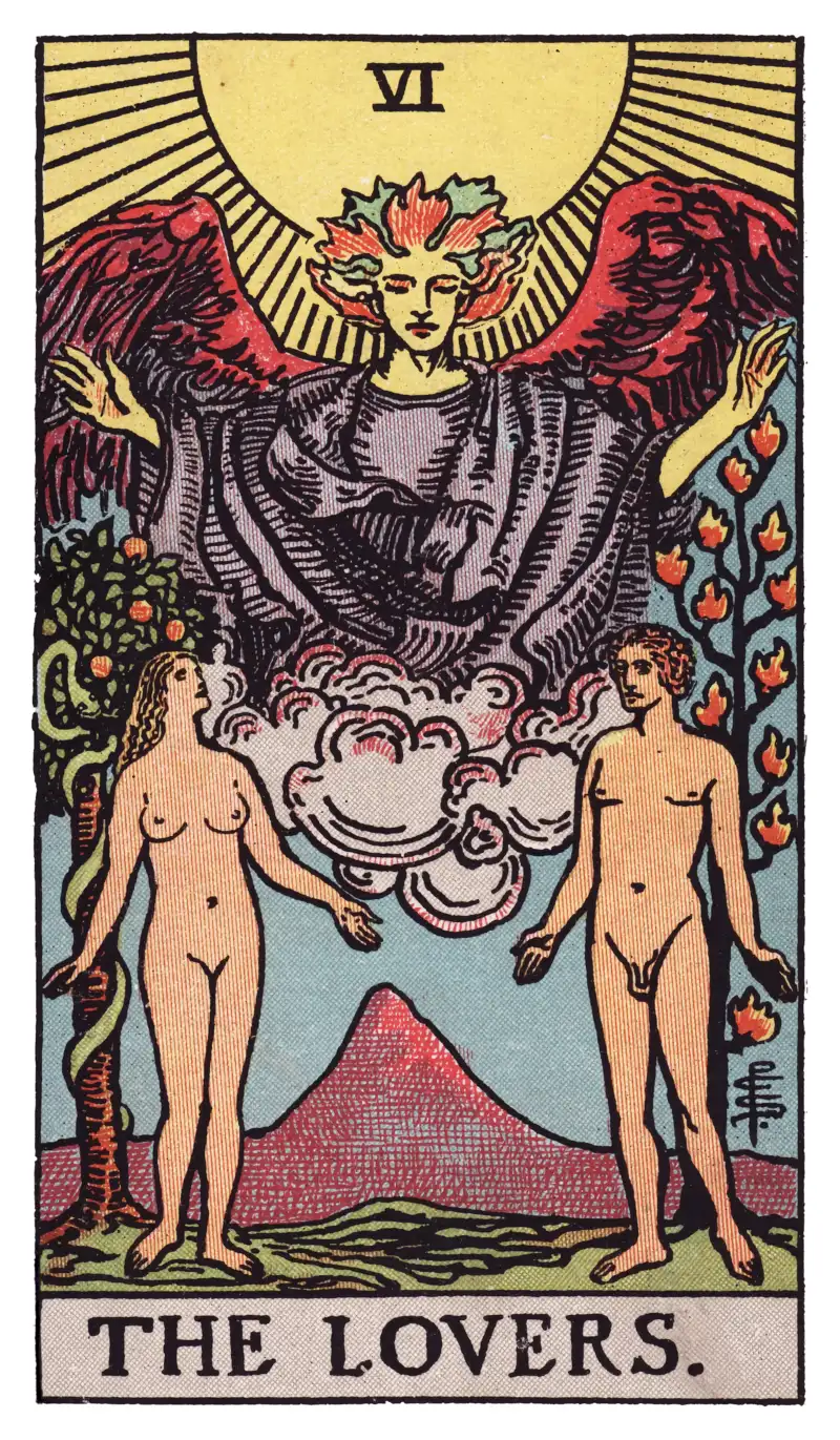 The Lovers tarot card — man and woman beneath a winged angel in a garden with two trees, Rider-Waite-Smith deck