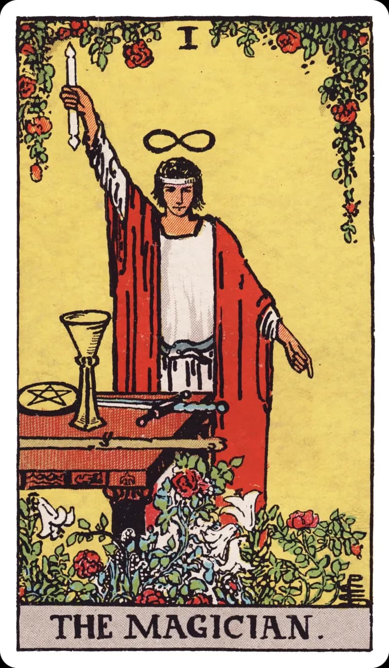 The Magician tarot card — robed figure at altar with all four suit emblems, one hand raised skyward, Rider-Waite-Smith deck