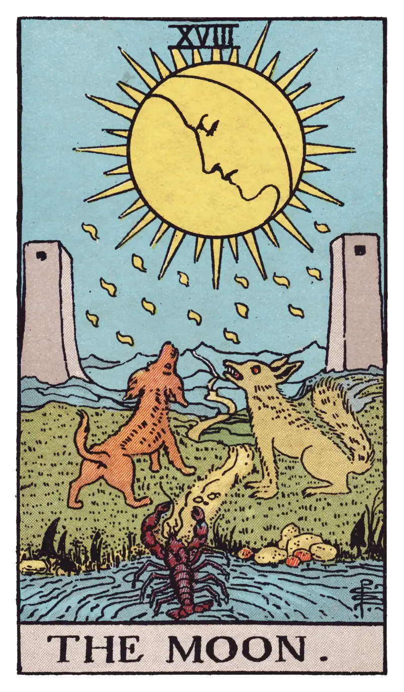 The Moon tarot card — moon face above a winding path with howling wolf, dog, and crayfish emerging from water, Rider-Waite-Smith deck