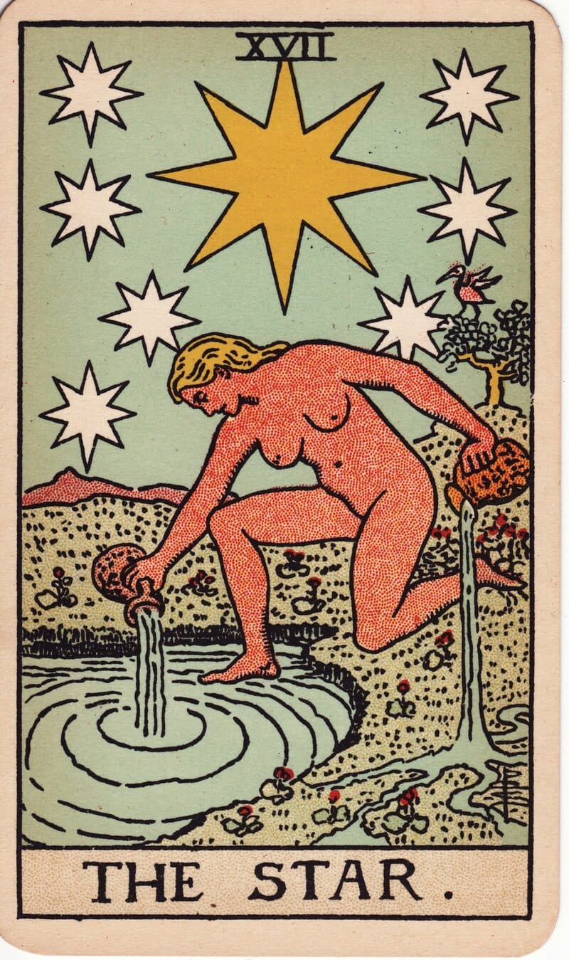 The Star tarot card — nude figure kneeling at a pool pouring water beneath eight stars, Rider-Waite-Smith deck