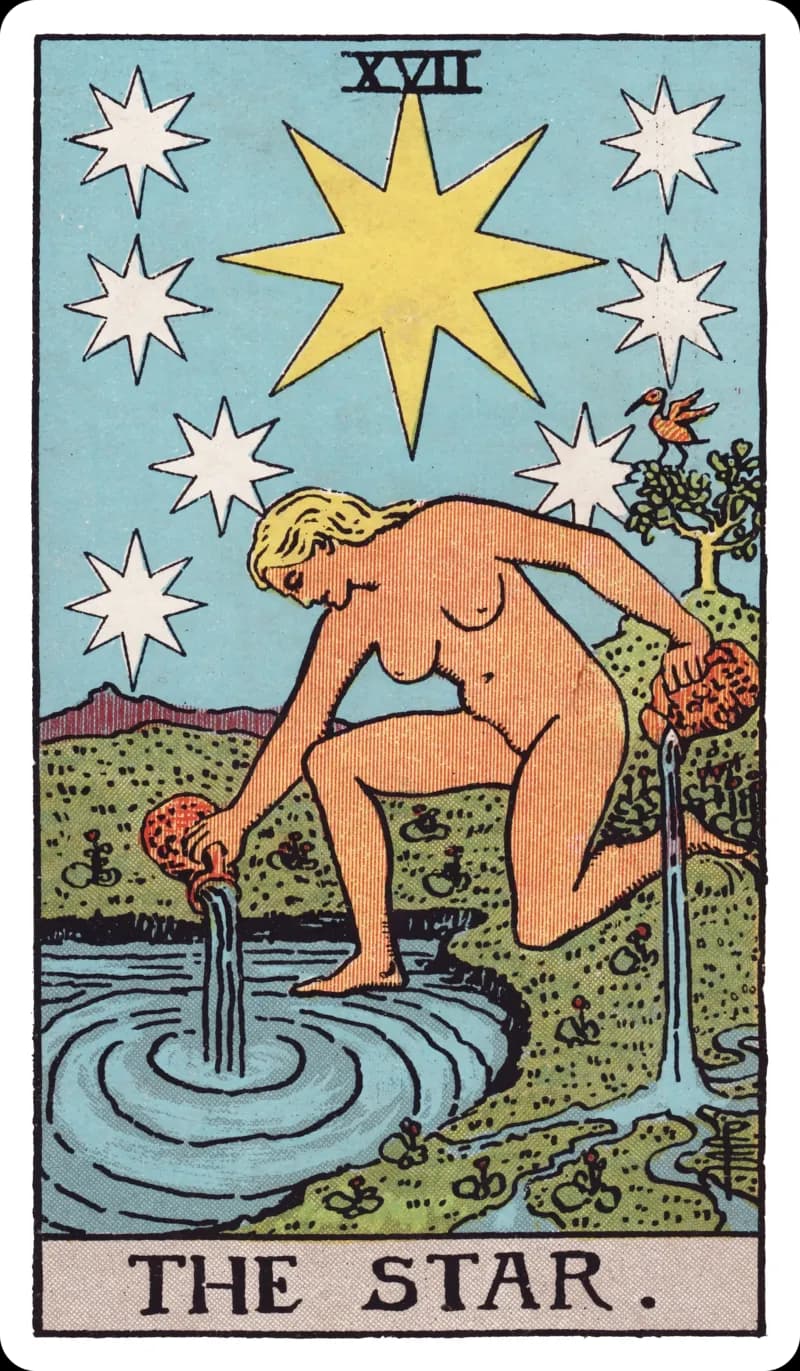 The Star tarot card — nude figure kneeling at a pool pouring water beneath eight stars, Rider-Waite-Smith deck